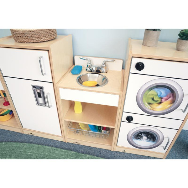 Whitney Brothers Let's Play Toddler Kitchen Play Set - White, wooden toy kitchen set with sink, washing machine, and storage shelves for children