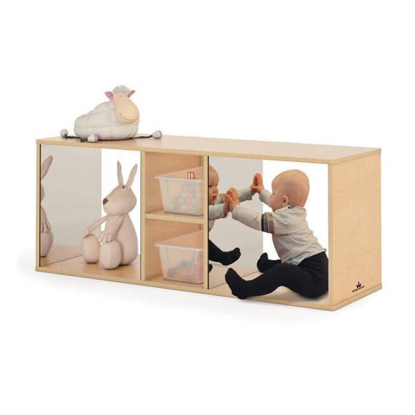 Whitney Brothers Toddler Discovery Crawl Through Cabinet, wooden toy storage with glass panels and plush toys, children playing inside for interactive crawling and exploration