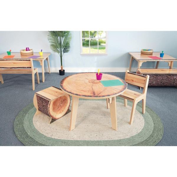 Whitney Brothers Nature View Live Edge Small Log Bench 14" H, showing a wooden bench made from a live edge log with a natural wood finish, displayed in a children's playroom setting.
