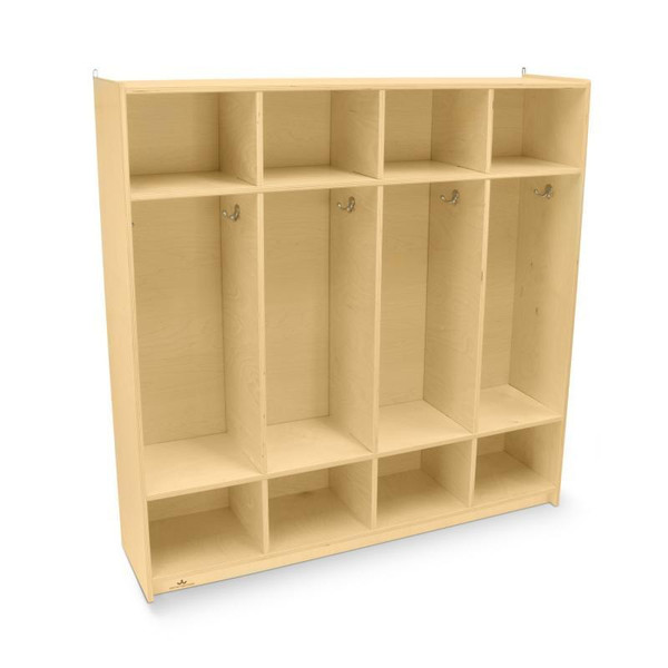 Whitney Brothers Four Section Coat Locker, wooden coat storage unit with multiple compartments and hooks for hanging, ideal for educational or institutional settings.