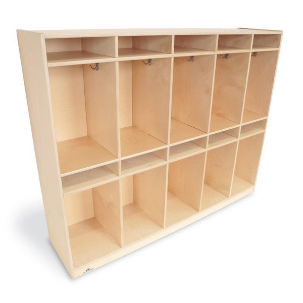 Whitney Brothers 10 Section Coat Locker, wooden coat storage with multiple compartments and hooks for organizational use.