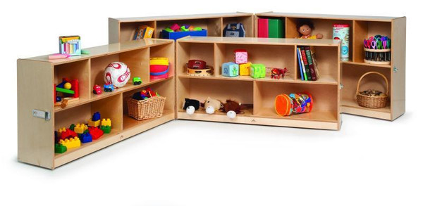 Whitney Brothers Fold And Roll Storage Cabinet 30"H, wooden storage unit with multiple open shelves filled with toys, books, and art supplies.