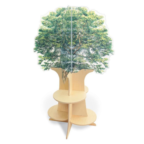 Whitney Brothers Nature View Tree Book Shelf, a wooden bookshelf designed like a tree with a printed canopy of green leaves and branches, featuring shelves for children's books.