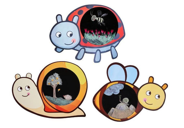 HABA Pro Animal Chalkboards - 3 Piece Set, colorful animal-themed chalkboards with cartoon illustrations of a ladybug, snail, and a bug, designed for children's educational activities.