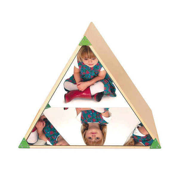 Whitney Brothers Triangle Mirror Tent, children's wooden tent with reflective mirrors and a young girl sitting inside.