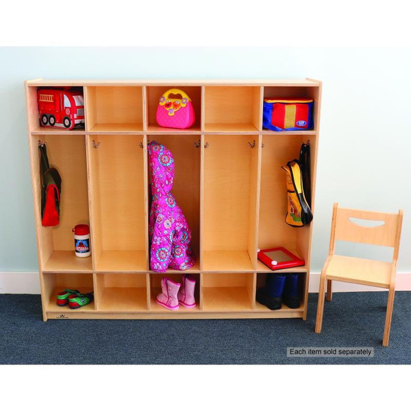 Whitney Brothers Five Section Coat Locker, wooden coat storage cabinet with five compartments filled with children's belongings like backpacks, jackets, rain boots, and toys.