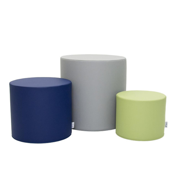 Children's Factory Soft Ottoman Trio, Tranquility Gray, navy blue, and light green Ottomans, soft cushioned children's stools with round shape and fabric upholstery.