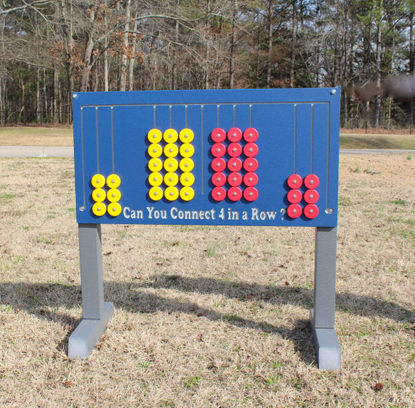 Infinity Playgrounds Connect 4 Playground Game, outdoor connect four game with yellow and red discs on blue playing board, question 'Can You Connect 4 in a Row?' written on it