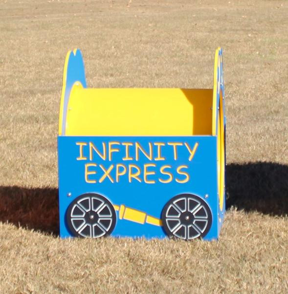 Infinity Playgrounds Infinity Express Train Express Tunnel Climber, colorful playground tunnel climber with train design and wheels, designed for children's outdoor play.