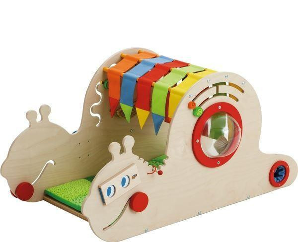 HABA Pro Toddler Sensory Activity Discovery Snail, educational wooden toy featuring colorful fabric flags, spinning gears, and textured elements designed to stimulate sensory development in young children.