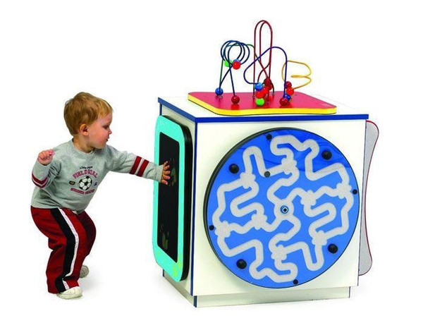 Playscapes Medium Activity Cube, child playing with interactive educational activity cube for toddlers.