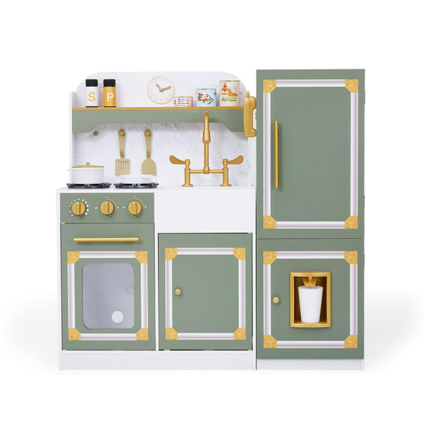 Teamson Kids Versailles Wooden Deluxe Play Kitchen Set, wooden children's play kitchen with green and white finish, gold accents, stove, sink, refrigerator, and accessories.