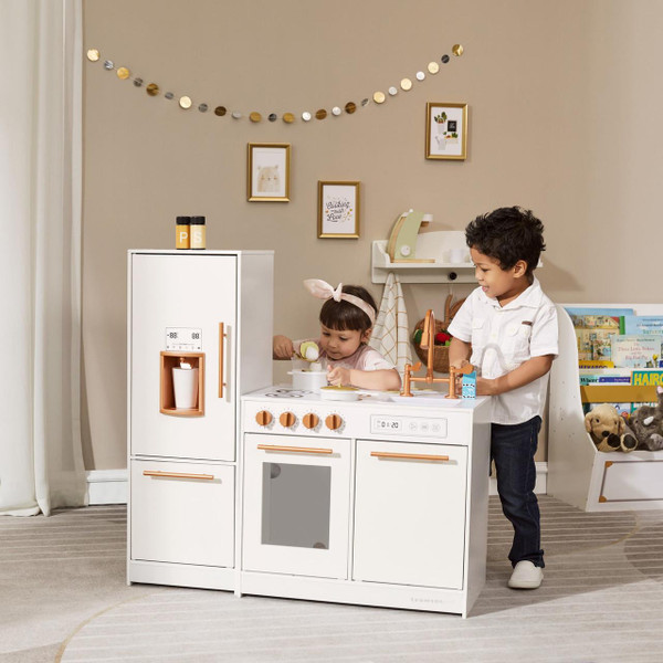 Teamson Kids Little Chef Milano Two-Piece Modular Modern Delight Play Kitchen Set, children playing with the white and gold-themed toy kitchen in a cozy room.