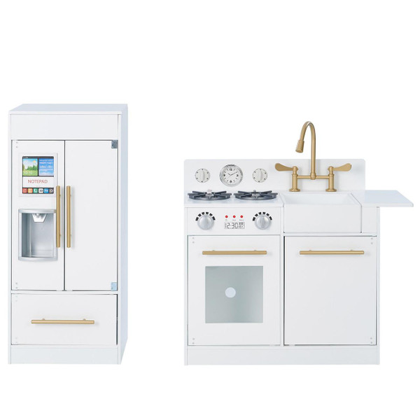 Teamson Kids Little Chef Charlotte Modern White Play Kitchen, children's play kitchen set with stove, oven, sink, and refrigerator featuring gold accents