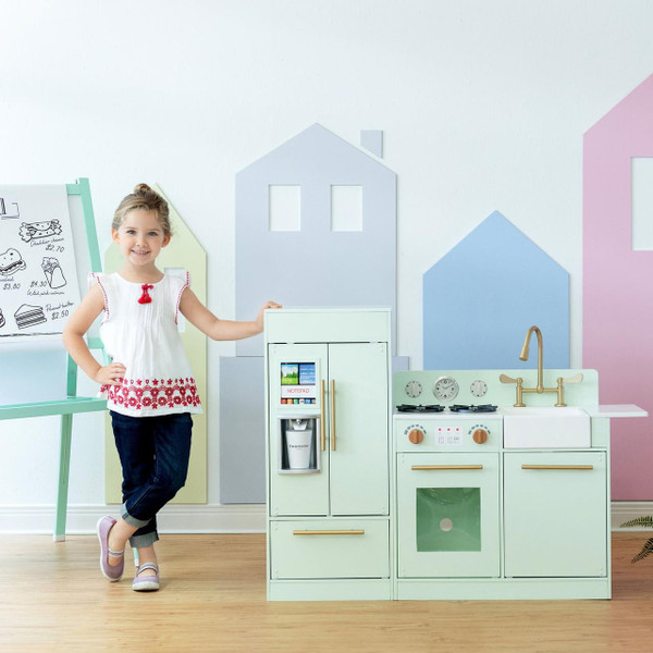 Teamson Kids Little Chef Charlotte Modern Mint Play Kitchen, a toy kitchen set with stove, oven, sink, and fridge in pastel mint color, designed for children's imaginative play.