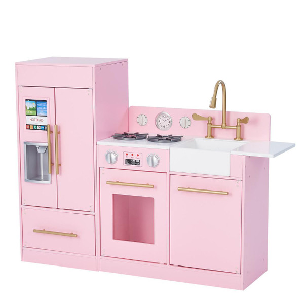 Teamson Kids Little Chef Charlotte Modern Pink Play Kitchen, a children's play kitchen set with pink and white colors, featuring a refrigerator, stove, oven, sink, and various kitchen accessories.