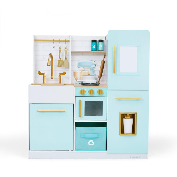 Teamson Kids Biscay Delight Classic Mint Play Kitchen with Magnetic Refrigerator, a miniature pastel blue and white play kitchen set with gold accents, featuring a fridge, oven, sink, and various kitchen accessories.