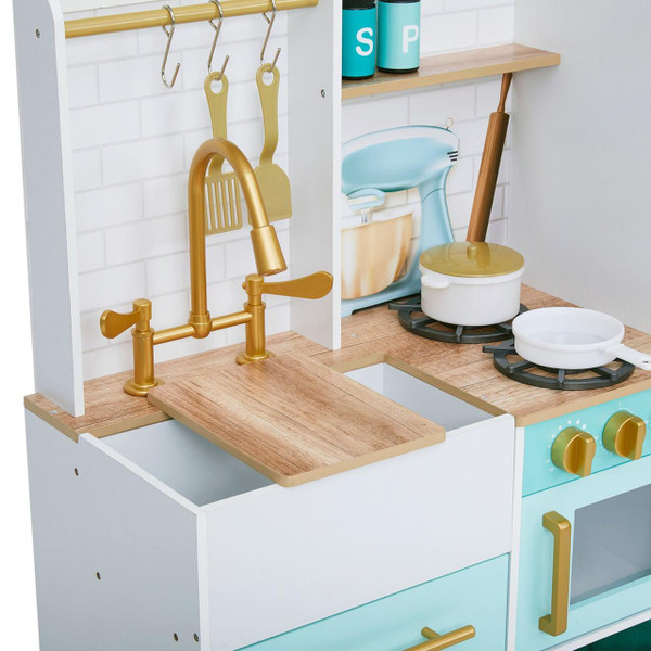 Teamson Kids Biscay Delight Classic Mint Play Kitchen with Magnetic Refrigerator, colorful toy kitchen set featuring a sink, stove, and accessories for children's pretend play.