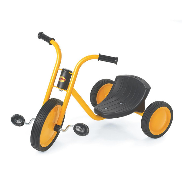 Angeles MYRIDER 12" Easy Rider Children's Tricycle, yellow and black tricycle with three wheels, a comfortable seating area, and handlebar grips for kids' outdoor play.