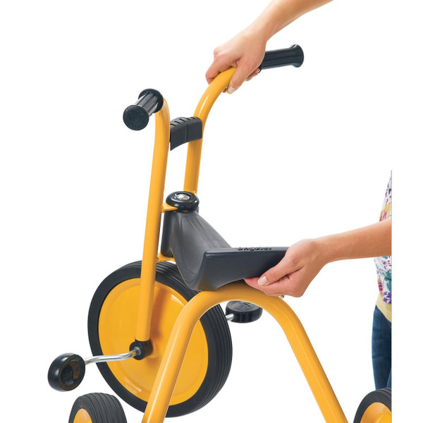 Angeles MYRIDER 12" Easy Rider Children's Tricycle, yellow and black children's tricycle with adjustable seat and handlebar for young kids' outdoor riding.