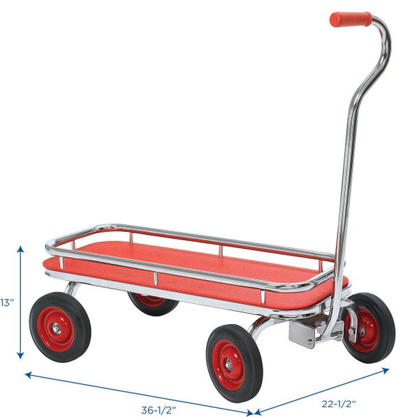 Angeles SILVERRIDER Wagon with 8" Wheels, a red and silver metal utility wagon with a long handle, dimensions of 36.5 inches length, 22.5 inches width, and 13 inches height for transporting items easily.