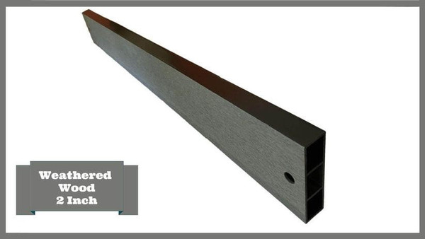 Frame It All Weathered Wood 2" Profile 4ft Straight Snap-Lock Board, weathered wood-colored outdoor construction board with hollow square profile for decking and fencing.