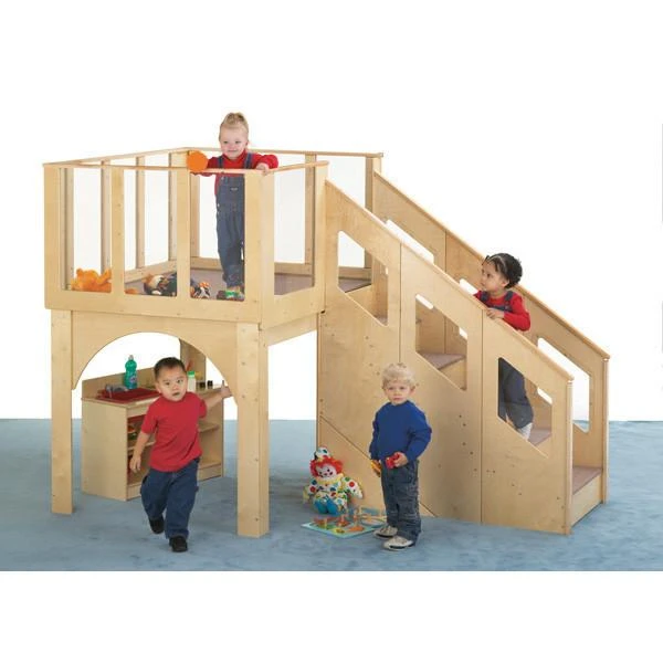 Jonti-Craft Toddler Play Loft - 24-36 Months, wooden play structure with children playing on it, featuring a climbing ramp and safety railings.