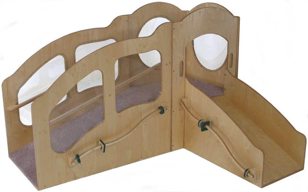 Strictly For Kids Mainstream Slip 'n Slide Infant/Toddler Mini Loft, Wave Design, wooden play structure with curved arches and cut-out windows for children to play and explore.