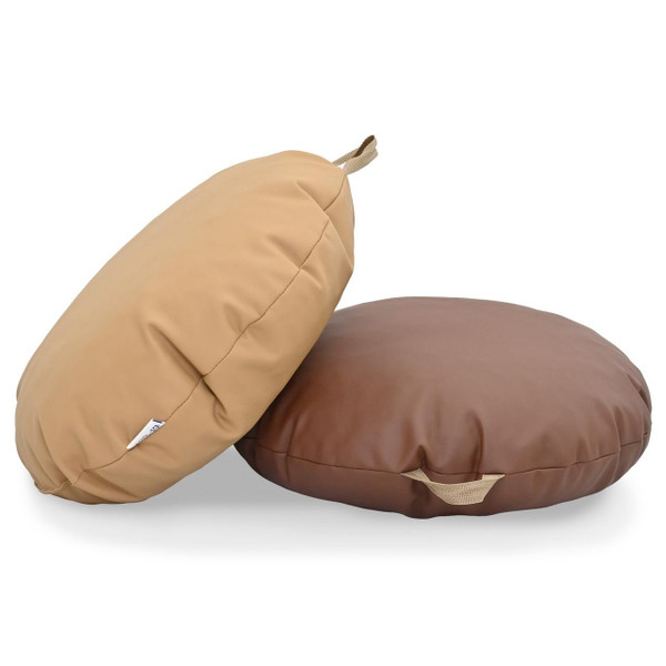 Children's Factory Mini Round Pouf with Handle, Walnut and Almond, soft and portable children's floor seating with plush leather-like upholstery