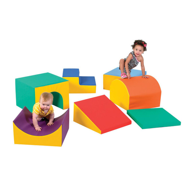 Children's Factory Mini Gross Motor Foam Climbing Blocks Group, Rainbow, colorful foam blocks in various shapes with two children playing on them.