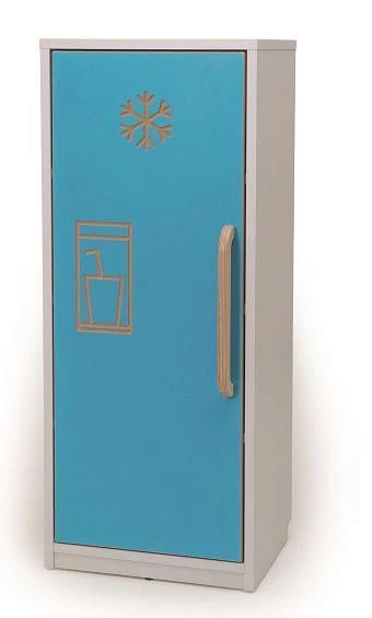 Moje Bambino Amelia Kitchen Play Refrigerator, blue toy refrigerator with a snowflake and drink outline design.