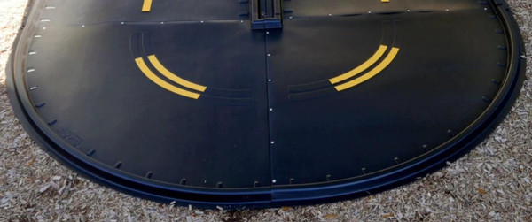 Infinity Playgrounds Trike Path Single Curve Piece, black plastic playground trike pathway segment with yellow markings for children’s play area.