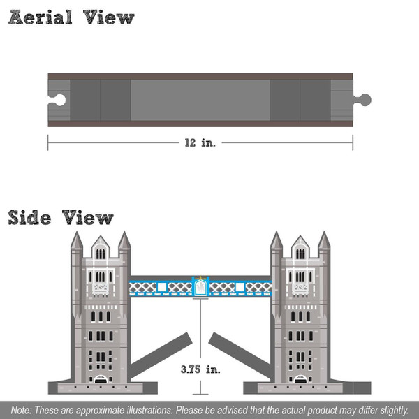 Maple Landmark Tower Wooden Train Bridge, detailed schematic showing top and side views with measurements, ideal for wooden train set accessories.
