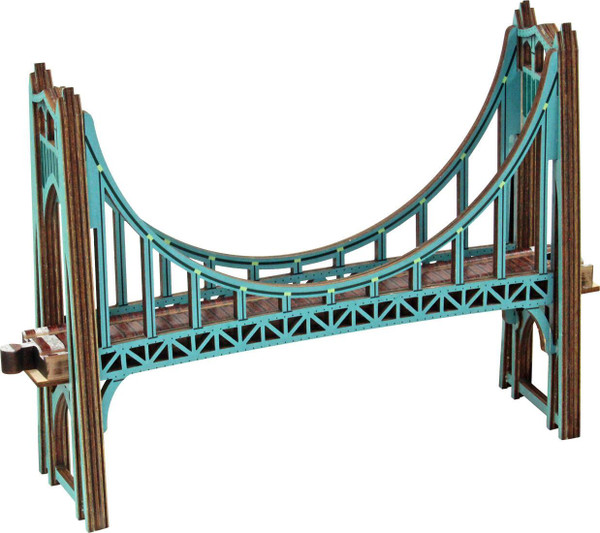 Maple Landmark St. Johns Wooden Train Bridge, wooden toy train bridge painted in blue with brown accents, featuring a detailed suspension bridge design for children's train sets.