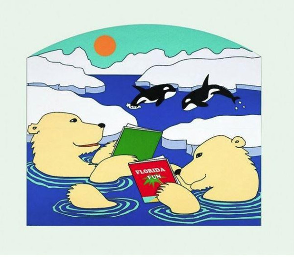 Playscapes Polar Bear Kinderbox Book Browser, illustration of two polar bears reading books in icy waters with orcas and glaciers in the background.