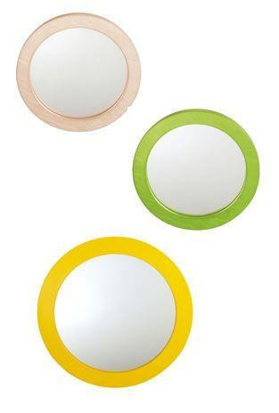 HABA Pro Porthole Safety Mirrors, set of three colorful round baby safety mirrors with beige, green, and yellow frames for childproofing and monitoring.