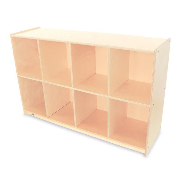 Whitney Brothers 8 Cubby Backpack Storage Cabinet, wooden storage unit with 8 compartments for organizing backpacks and school supplies.