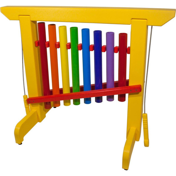 Playmore Designs 8 Note Rainbow Chime Unit, colorful wooden musical instrument with eight rainbow-colored chimes and a red hammer for playing.
