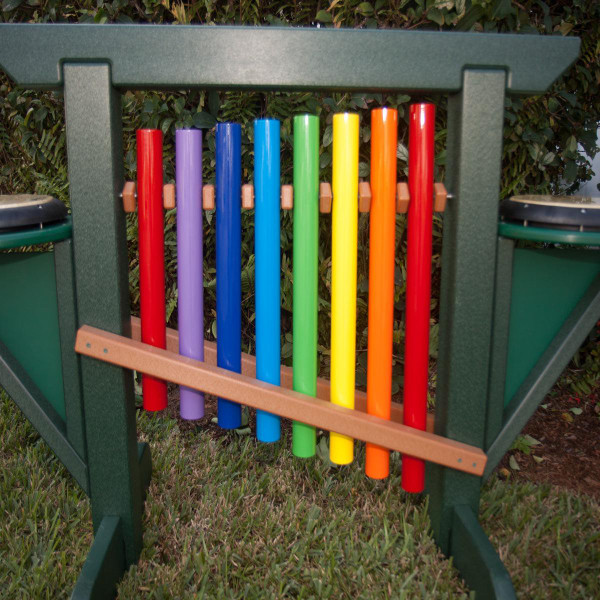 Playmore Designs 8 Note Rainbow Chime Unit With Drums, a colorful outdoor musical instrument featuring rainbow-colored chimes and drums, perfect for children's play and musical education.