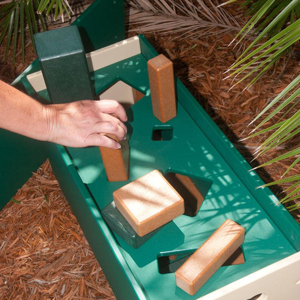Playmore Designs Eco Block Sorter, outdoor play equipment for sorting wooden blocks.