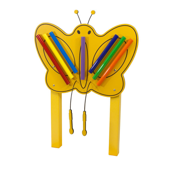 Playmore Designs Butterfly Music Chimes, colorful children's musical instrument with a yellow butterfly-shaped body and multicolored chimes.