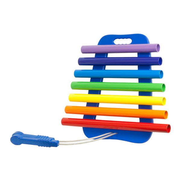 Playmore Designs EnSoul Rainbow Portable Chimes 7 Note, colorful musical wind chime toy with seven rainbow-colored tubes and a blue handle.