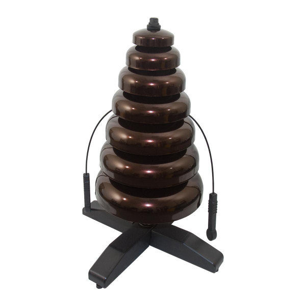 Playmore Designs EnSoul Musical Bell Tree, a brown metallic bell tree musical instrument with a curved stand and attached mallets for creating soothing bell sounds.