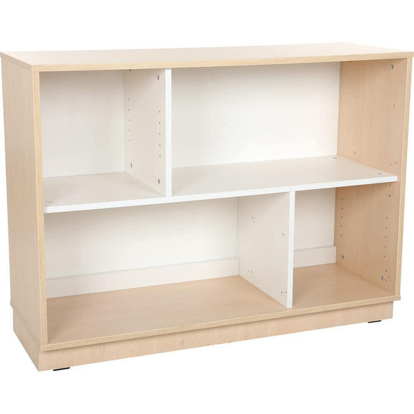 Moje Bambino Quadro Asymmetrical Small Wall Cabinet, light wood finish with white interior shelves and compartments for storage.