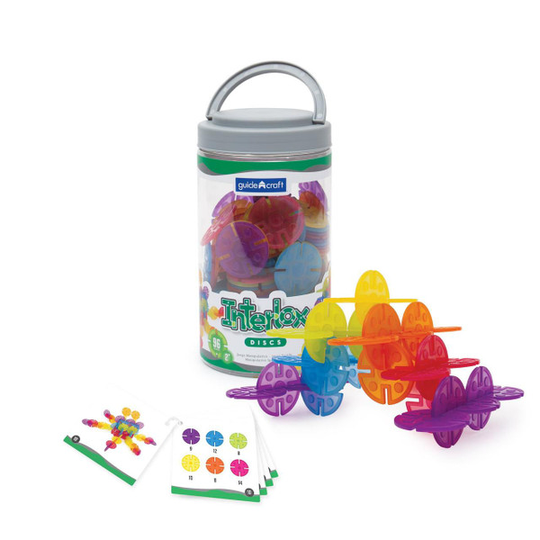 Guidecraft Interlox Round Discs Construction Set - 96 Piece Set, colorful round plastic discs with connectors for building various structures.