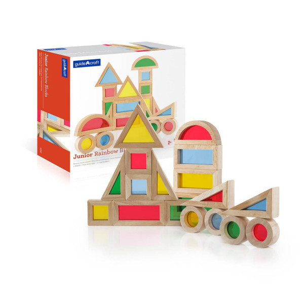 Guidecraft Jr. Rainbow Wooden Blocks - 20 pc. set, colorful wooden building blocks with various shapes arranged in a creative structure beside the packaging.