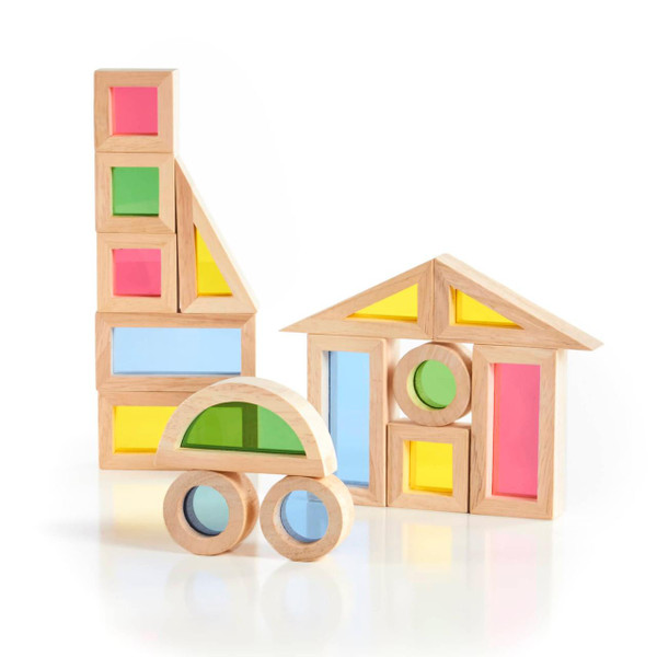 Guidecraft Jr. Rainbow Wooden Blocks - 20 pc. set, colorful wooden building blocks arranged into towers and houses with vibrant color accents.