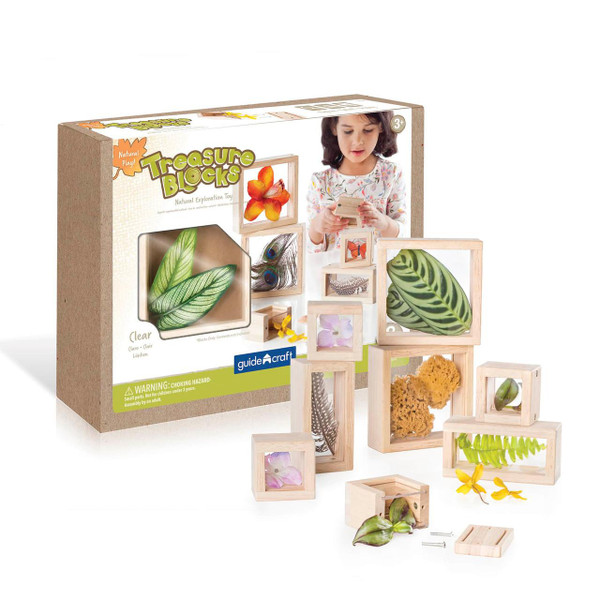 Guidecraft Clear Treasure Wooden Play Blocks, natural wooden blocks with transparent sides containing leaves, feathers, flowers, and natural elements, for creative and educational play.