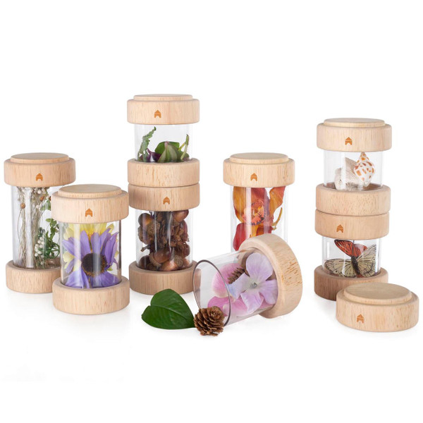 Guidecraft Primary Treasure Tubes Sensory Set, set of clear plastic tubes with wooden lids filled with natural objects and dried flowers.