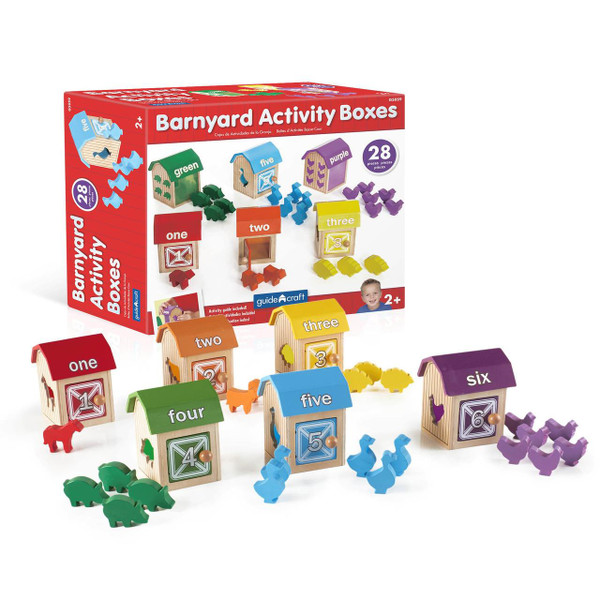 Guidecraft Barnyard Counting Boxes, colorful wooden animal counting toy set with 28 pieces including animal figurines and storage houses for early childhood education.